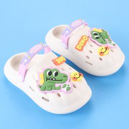Oh! Pair Back Strap Closure Slip On Clogs with Dino Applique - White image 2