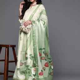 Libas Women Cream-Coloured Floral Printed Gotta Patti Kurta with Palazzos & With Dupatta-image-9