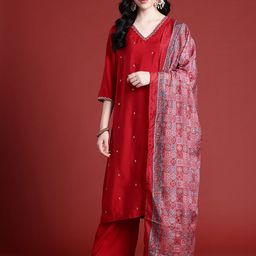 Anouk Embroidered Sequinned Ethnic Motifs Kurta With Palazzos & Dupatta image 2