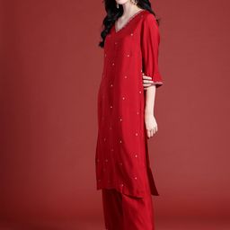 Anouk Embroidered Sequinned Ethnic Motifs Kurta With Palazzos & Dupatta image 4