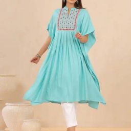 Juniper Sky Blue Geometric Printed Rayon Dobby Kaftan With Thread Work Embroidery-25