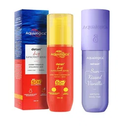 Aqualogica Set of Detan+ SPF 50+ Dewy Sunscreen Spray 100ml & Refresh+ Body Mist 150ml-48