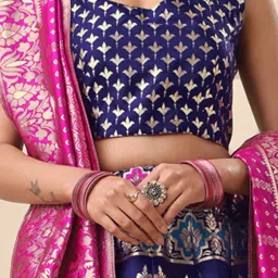 PURVAJA Navy Printed Stitched Lehenga & Unstitched Blouse With Dupatta image 5