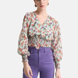 Kazo Floral Printed Top With Smocking-10
