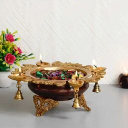 eCraftIndia Premium Handcrafted Brass Urli with 4 Diya Wicks and Bells-image-28