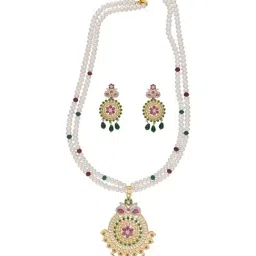 Sri Jagdamba Pearls Kashika Pearl White & Green Alloy Necklace & Earring Set-image-74