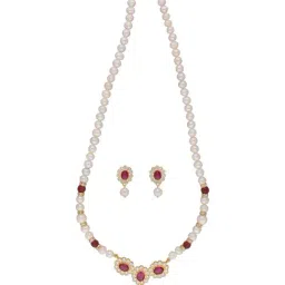 Sri Jagdamba Pearls Januja Pearl White & Pink Alloy Necklace & Earring Set-image-75