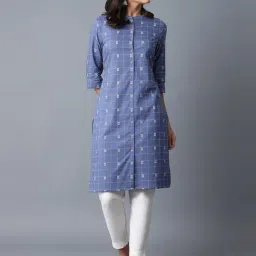 W Women Blue Printed Cotton Straight Kurta-image-45