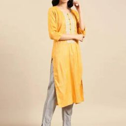 SHOWOFF Yellow Cotton Embroidered Straight Kurta-image-63
