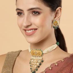 Dugran By Dugristyle Green & Golden Drop Earrings with Kundan & Pearls-image-93