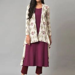W White & Plum Floral Print Straight Kurta With Shrug-picture-18