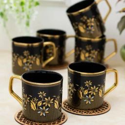 Clay Craft Printed Black Ceramic Tea Cups- Set of 6 (200 ml each)-image-75