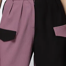 KASSUALLY Mauve & Black Color-Block Regular Fit Mid Rise Trousers image 5