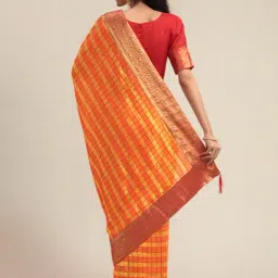 LADUSAA Yellow & Orange Check Saree With Blouse image 2