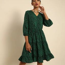 DODO & MOA Green Printed Fit & Flare Dress-image-91