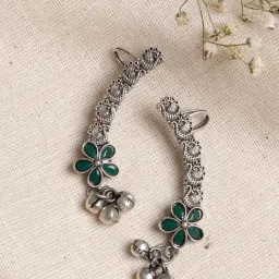 Teejh Ethnic Viha Silver Oxidized Green Floral Ear Cuff Earrings-image-27