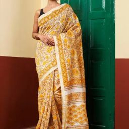 Unnati Silks Cream & Yellow Printed Saree With Unstitched Blouse-picture-15