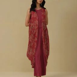 aarke Ritu Kumar Maroon Printed Top With Pants & Shrug-picture-25