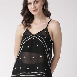 SCOUP Women Black & White Embroidered Sheer A-Line Top-13