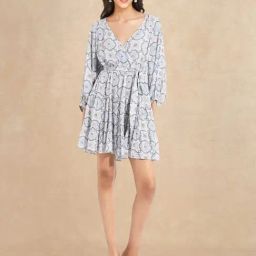 RAREISM Blue Cotton Blend Printed Three-Quarter Sleeves Dress-picture-25