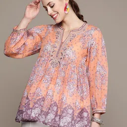 Ritu Kumar Women Peach-Coloured & Mauve Ethnic Motifs Printed Pure Cotton Kurti-17