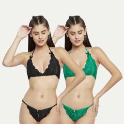 AROUSY Black & Green Self Pattern Lingerie Set-image-47