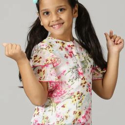 Kiddopanti Kids White & Pink Floral Print Top-image-106