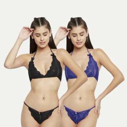 AROUSY Black & Blue Self Pattern Lingerie Set-image-46