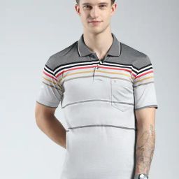 Monte Carlo Grey Cotton Regular Fit Stripes Polo T-Shirt-image-67