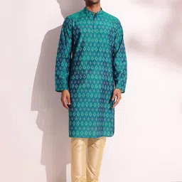 Fabindia Geometric Printed Band Collar Long Sleeves Regular Straight Kurta-image-26