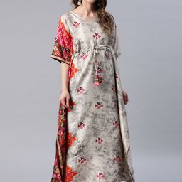 Cottinfab Women Grey & Pink Geometric Printed Flared Sleeves Kaftan Kurta-57