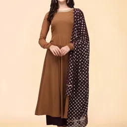 THE FAB FACTORY Women Solid Anarkali Crepe Kurta With Printed Dupatta-picture-49