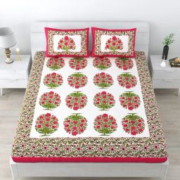 Living Roots Jaipuri White & Pink 210 TC Cotton Queen Bed Sheet with 2 Pillow Covers-image-2