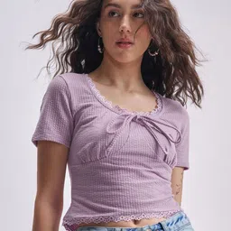 Tokyo Talkies Women Ribbed Self Design Round Neck Tie-Ups Regular Crop Top-image-61
