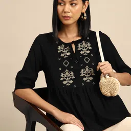 all about you Embroidered Tie-Up Neck Top-image-27