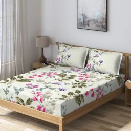 DDecor Ecosoft Floral Off White 210 TC Cotton Double Bedsheet with 2 Pillow Covers-picture-1