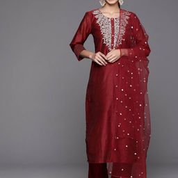 Varanga Floral Yoke Design Chanderi Silk Straight Kurta & Trousers With Dupatta-image-88