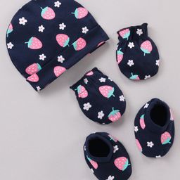 Babyhug 100% Cotton Cap Mittens & Booties Set Strawberry Print Navy Blue - Cap Diameter 11 cm-image-35