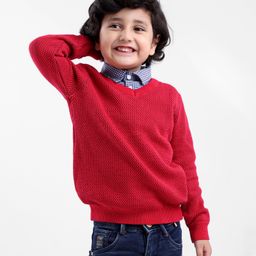 Babyhug Knitted Full Sleeves Solid Pullover Sweater - Red-image-93