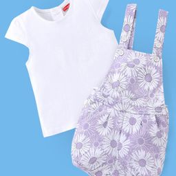 Babyhug 100% Cotton Knit Floral Print Dungaree with Half Sleeves Inner Tee - White & Lilac-image-39