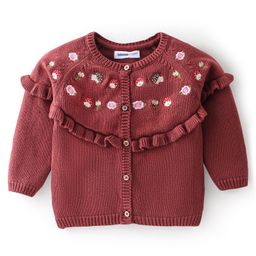 Babyoye Eco-Conscious Cotton Full Sleeves Front Open Sweater Floral Embroidery - Brown-image-100
