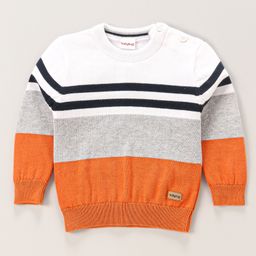 Babyhug 100% Cotton Full Sleeves Pullovers Sweater Striped - Orange-image-4