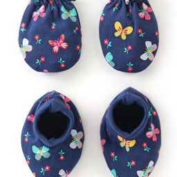 Babyhug Interlock 100% Cotton Knit Mittens & Booties Butterfly Print - Navy Blue-image-36