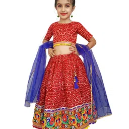 Aglare Navratri Theme Half Sleeves Bandhej Printed And Shisha Designed  Embroidered With Gota Patti Laced Embellished Lehenga Choli With Dupatta - Red-picture-49