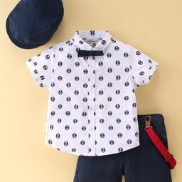 ToffyHouse Cotton Party Wear Half Sleeves Printed Shirt & Shorts Set with Cap Bow & Suspender - Navy Blue-picture-42