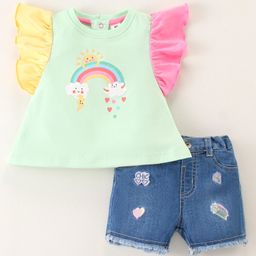 ToffyHouse 100% Cotton Knit Half Sleeves Frill Detailed Top & Denim Shorts Set With Rainbow Print - Sea Green-image-22