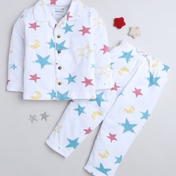 BUMZEE Cotton Knitted Full Sleeves Stars Printed Coordinating Night Suit - White-image-72