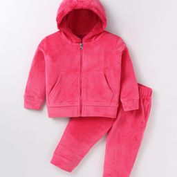 Kanvin Velour Full Sleeves Hooded Front Zipper Winter Wear Co-Ord Suit With Kangaroo Pocket - Dark Pink-image-39