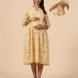 CRAFIQA Three Fourth Sleeves Floral Printed Maternity Dress With Concealed Zipper Nursing Access - Yellow & PInk-image-29