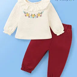 Babyoye Cotton Jersey Knit Full Sleeves Quilted Floral Embroidery Winter Wear Suit - White & Red-picture-35
